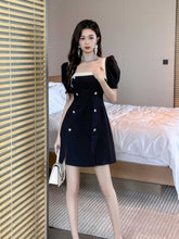 Short Puff Sleeves Square Neck Skater Dress S / Black